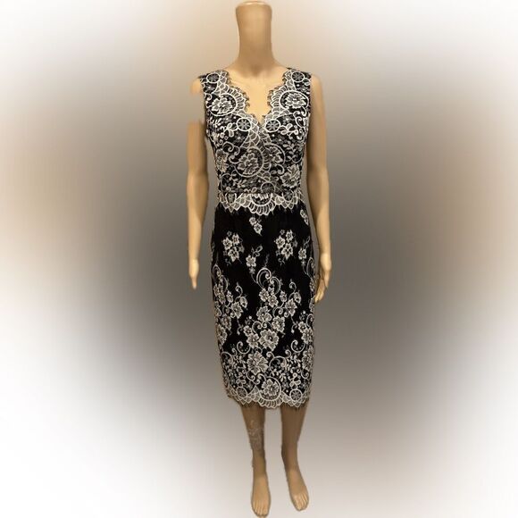Erin Fetherston Blk Wht Sleeveless Floral Lace Cocktail V-Neck Dress Sz 4